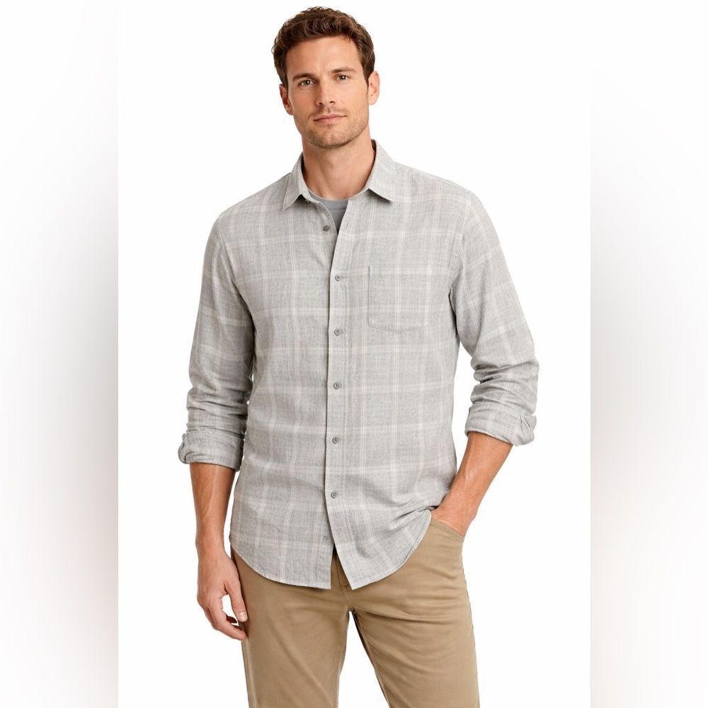 VINCE Windowpane Plaid Button Down Shirt Gray Large Cotton
